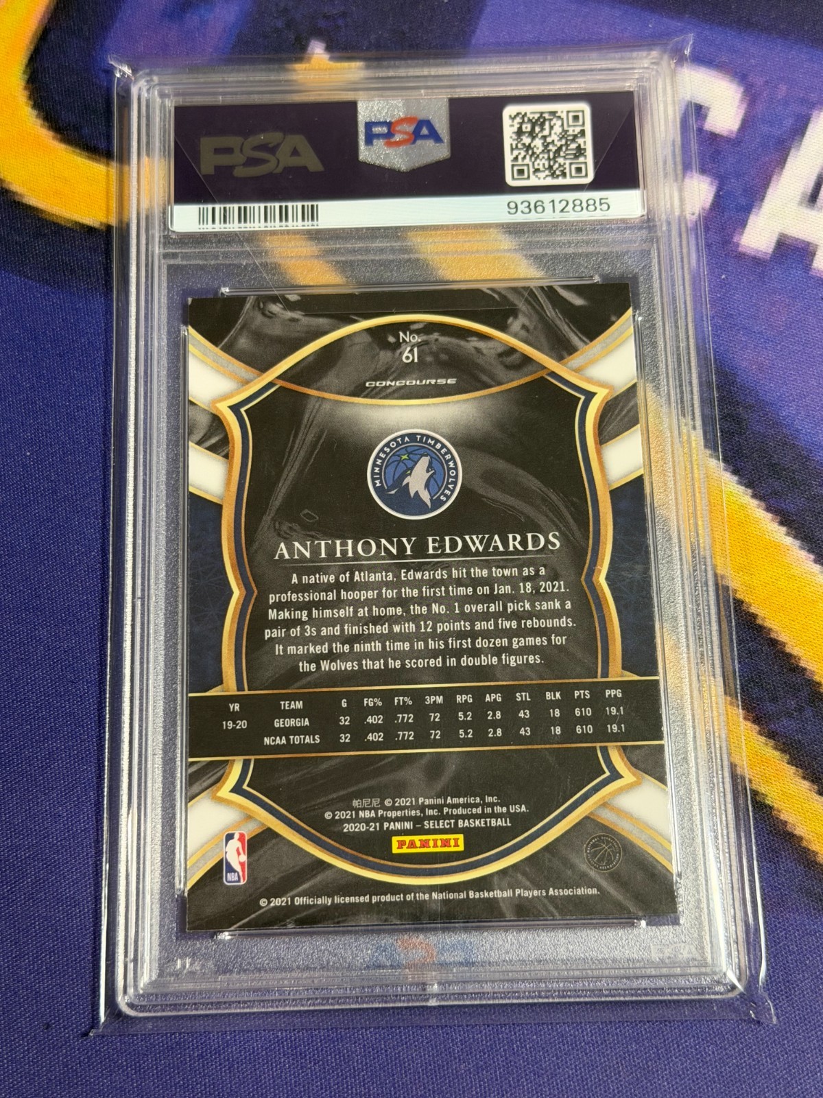 2020 Panini Select Anthony Edwards Blue Retail #61 PSA GEM MT 10 ROOKIE view 2