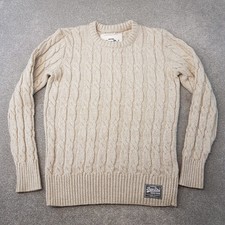 Superdry Jumper Medium Cream Brown Oatmeal Cable Chunky Sweater Fisherman Crew
