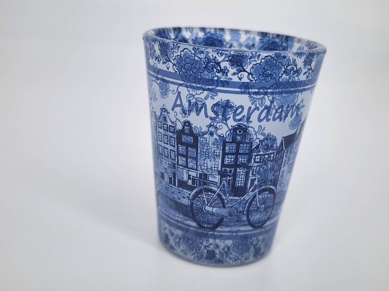 AMSTERDAM Authentic Shot Glass Souvenir Clear Glass Base with Blue City Scene 