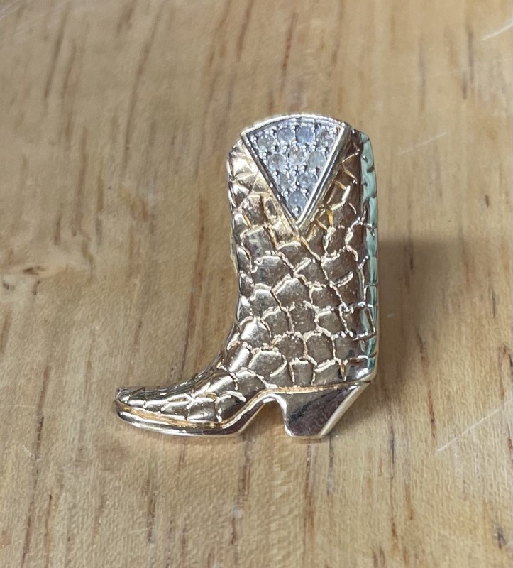 Vintage 80s Panetta Gold Tone Cowboy Boot Lapel Hat Pin Tie Tac Rhinestones
