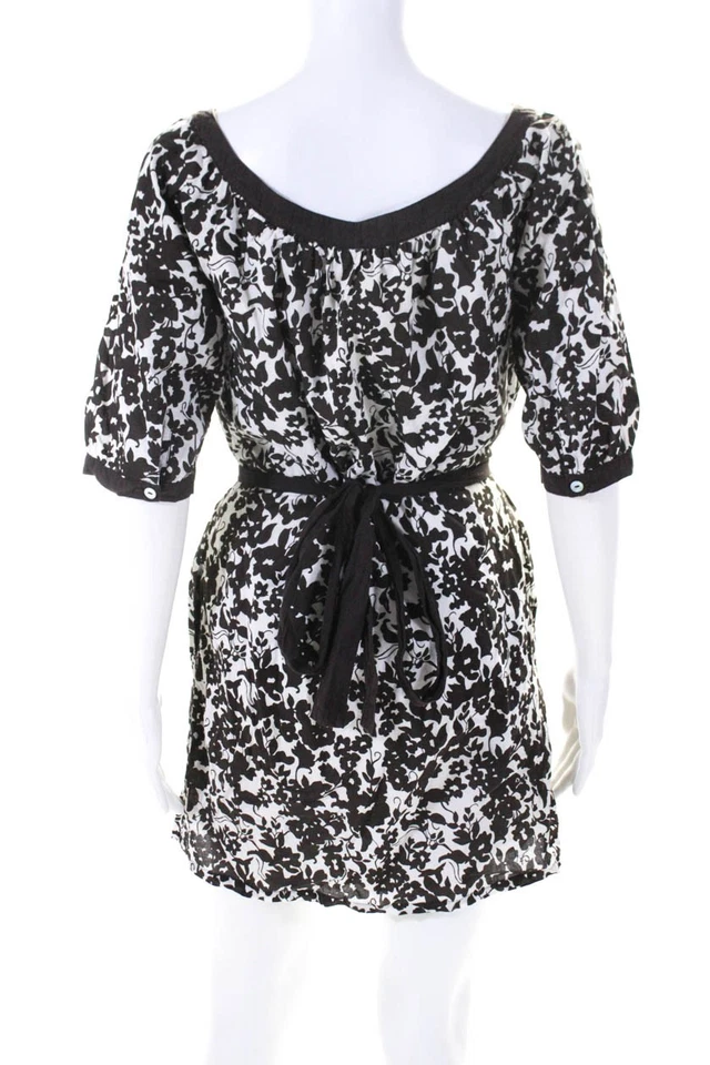 Velvet Womens Floral Tied Waist Half Sleeved Short Dress Brown White Size S - Image 3 of 4