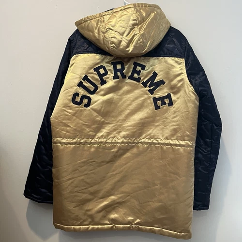 SUPREME 14AW matelassé satin ligne latérale parka dos arc LOGO veste grande or