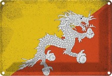 Blechschild 12x18 cm Bhutan Vintage Flagge Fahne Wappen Deko Geschenk Metall Sch