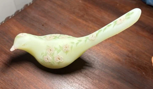 Vintage Fenton Glass Bird Long Tail Bird of Happiness Custard Pink Flowers