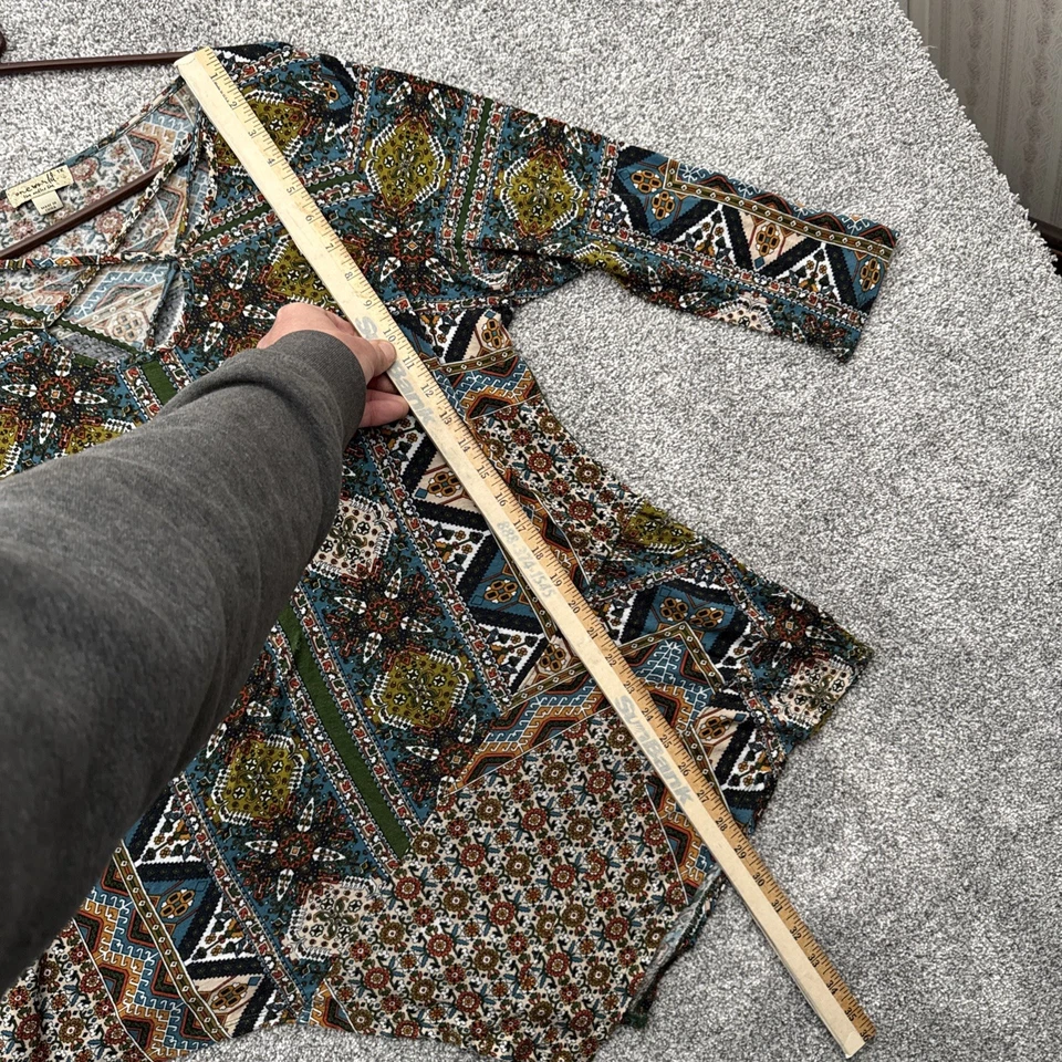 One World Tunic Top Womens 1X Plus Boho Mod Hippie Tribal Patchwork Asymmetrical - Image 2 of 4