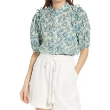 FRNCH Olga Floral Print Cotton Ruffle Top NWT XS Blue Green