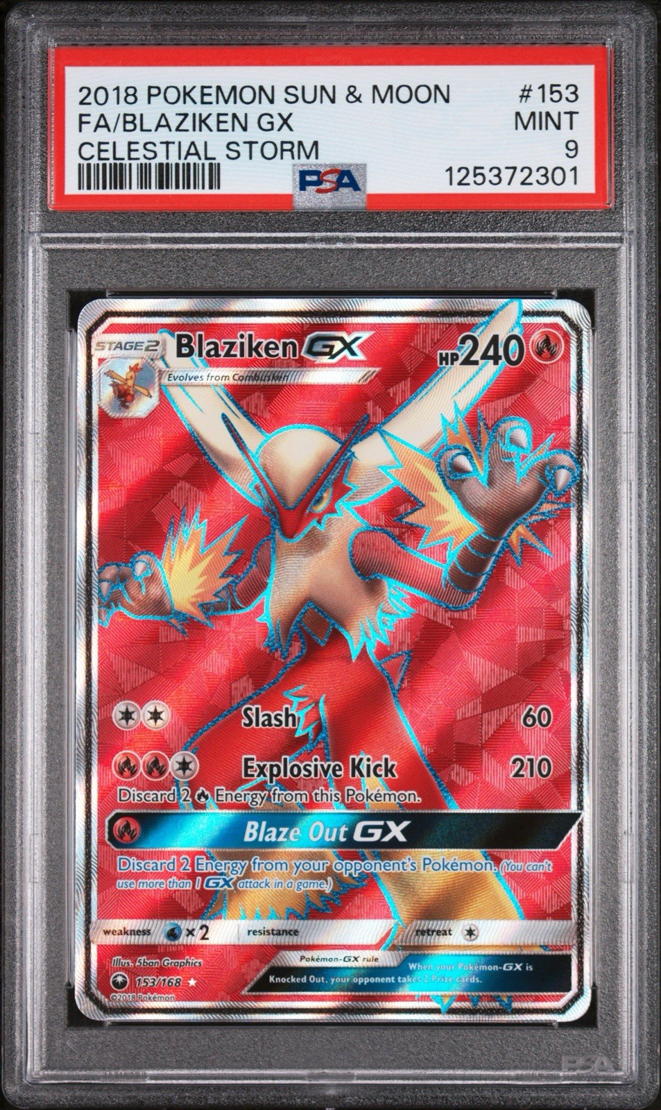 PSA 9 Mint Blaziken GX Full Art Holo 153 Sun & Moon Celestial Storm Pokemon 2018