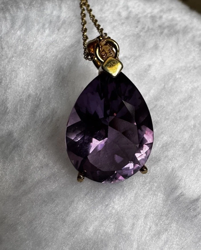 Mexico 14K Yellow Solid Gold Pear Shape Large Amethyst Charm Pendant & Chain - Image 2 of 4