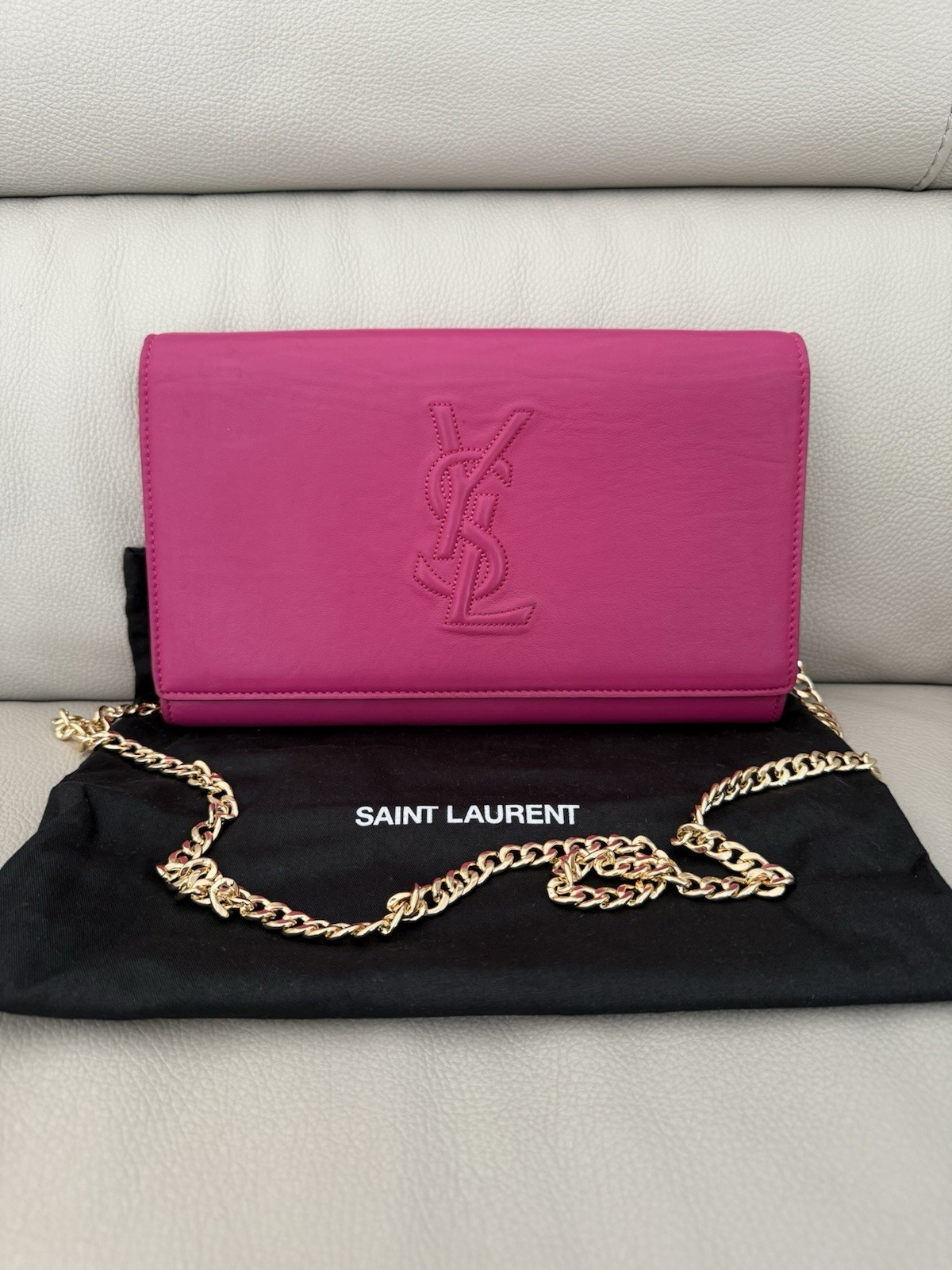 Autentica pochette YSL Saint Laurent rosa logo Belle Du Jour tracolla catena