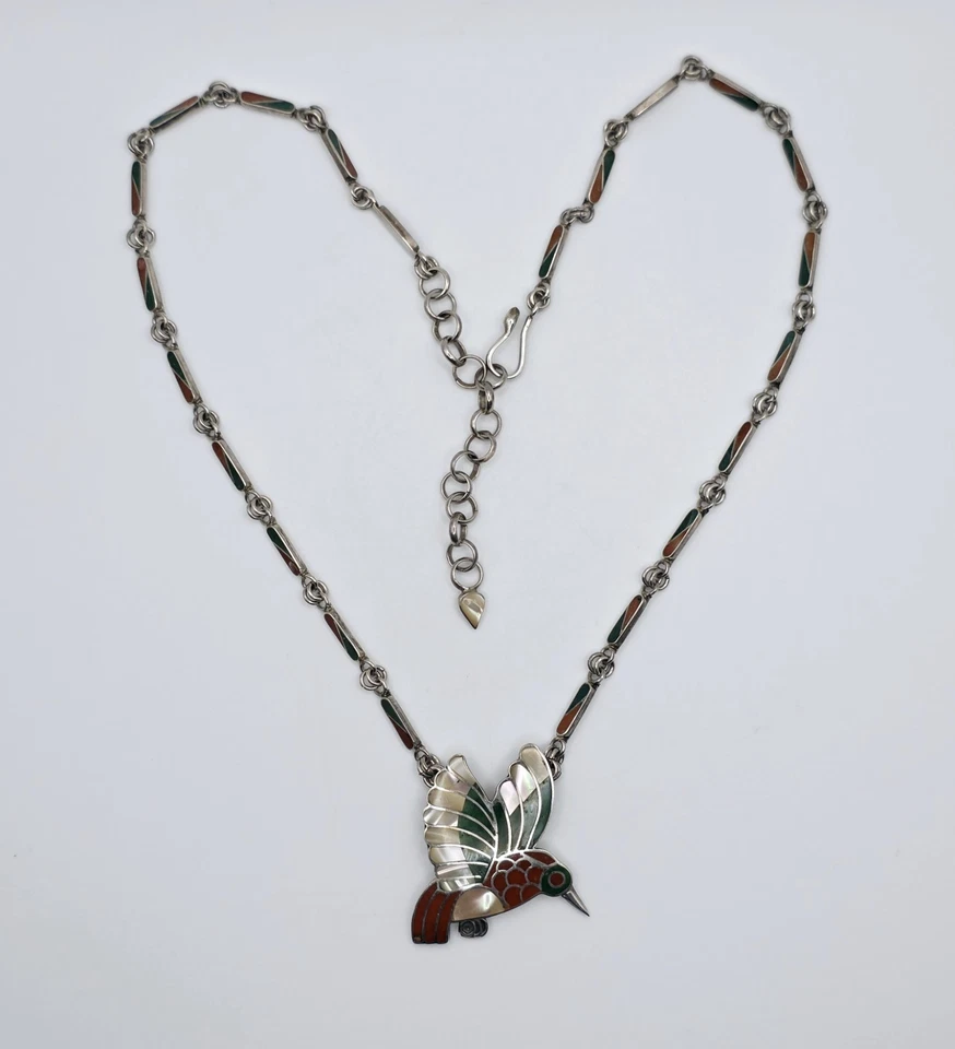 Vintage 950 Fine Silver Gemstone Inlay Bird Pendant Necklace Native Tribal  - Image 3 of 4