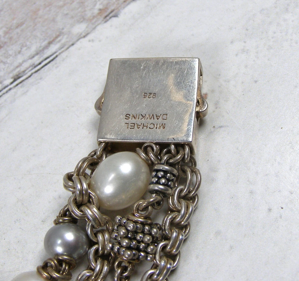 Brazalete grueso de cadena de perlas de plata esterlina de varios hilos Michael Dawkins Foto 3 de 4