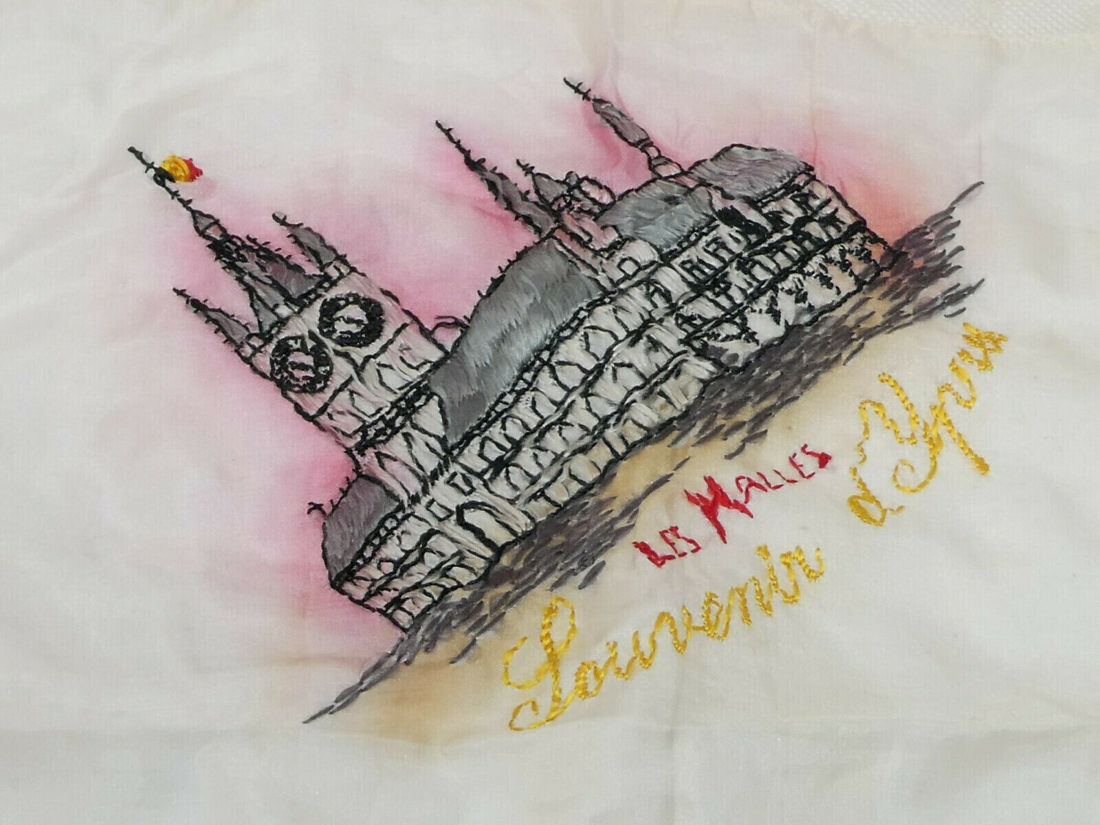 Antique Ypres Les Malles Souvenir Handkerchief Hand Made Lace & Embroidery