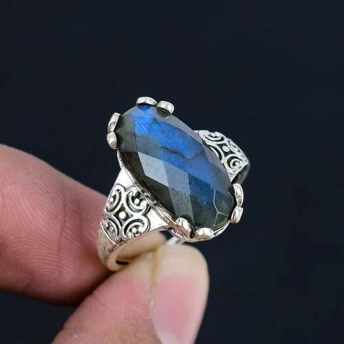 Natural Labradorite Checkerboard Cut Gemstone 925 Sterling Silver Ring For Women