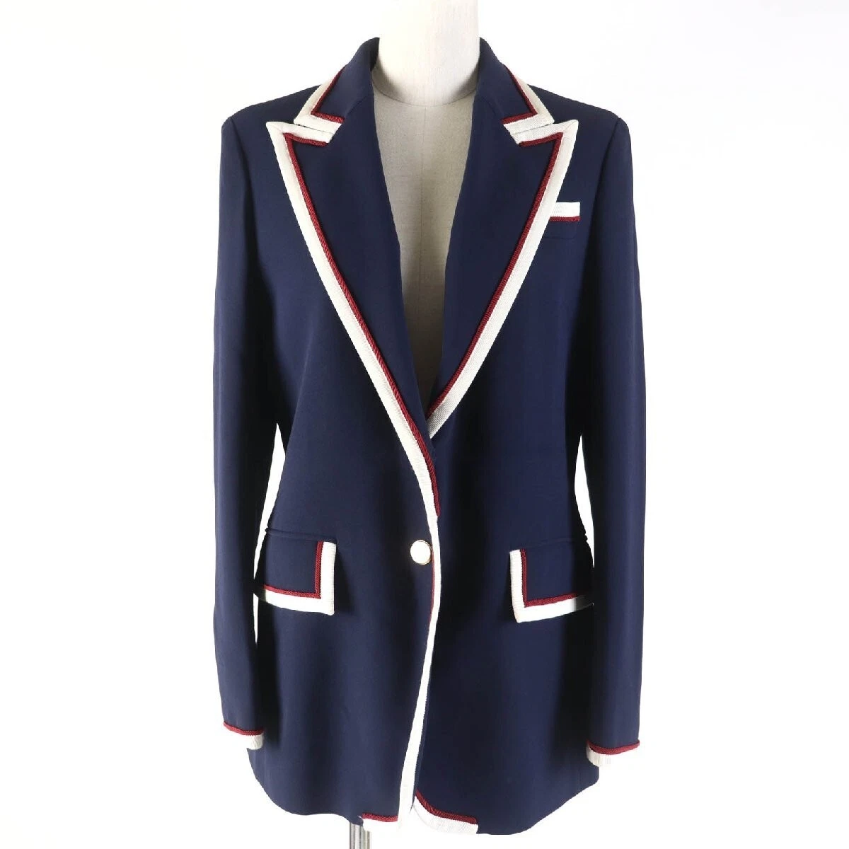 Veste sur mesure GUCCI soie doublée chaîne motif ceinture pic revers bleu marine 42