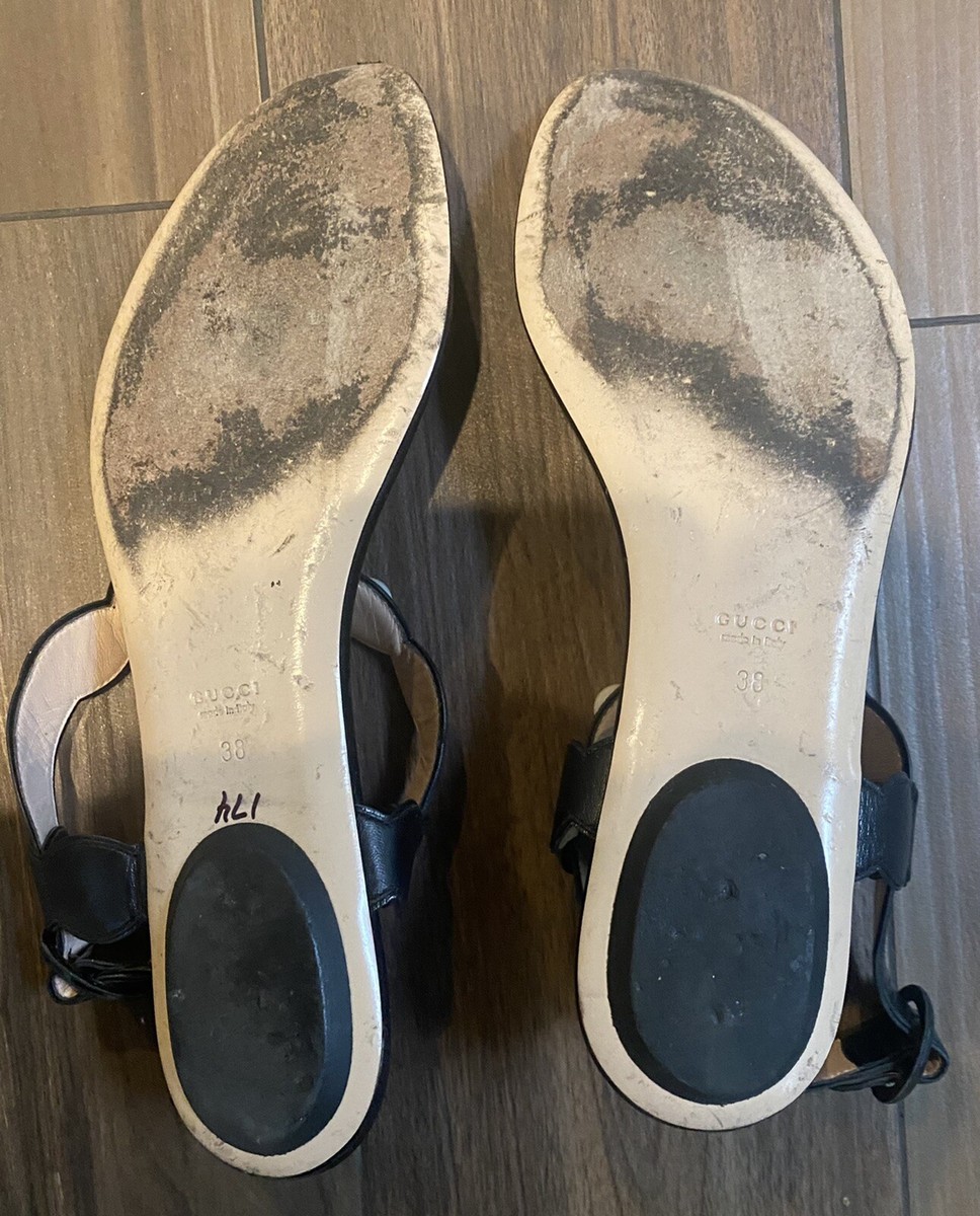 GUCCI Black Leather GG Pearl Studs/Ankle Strap Sandals Size