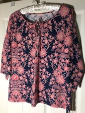 'Talbots' Keyhole Tie Navy Pink Floral 3/4 Sleeve Cotton/Modal Top - Sz M - EUC