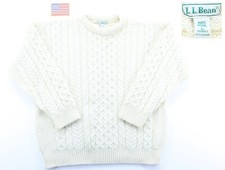 LL Bean Women's Fisherman Sweater L Ivory Wool Cable Knit Chunky Ireland Vintage