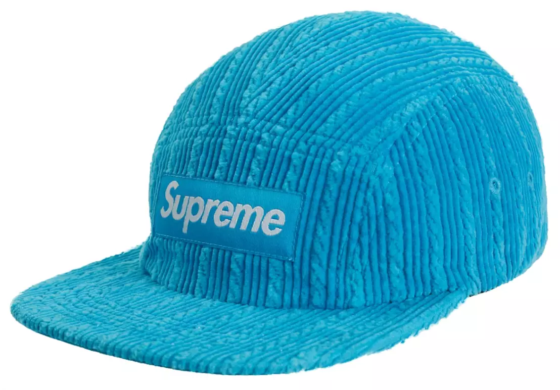 Casquette de camp en velours côtelé corde suprême SS19 BLEU VIF LOGO BOÎTE 5 PANNEAUX CHAPEAU