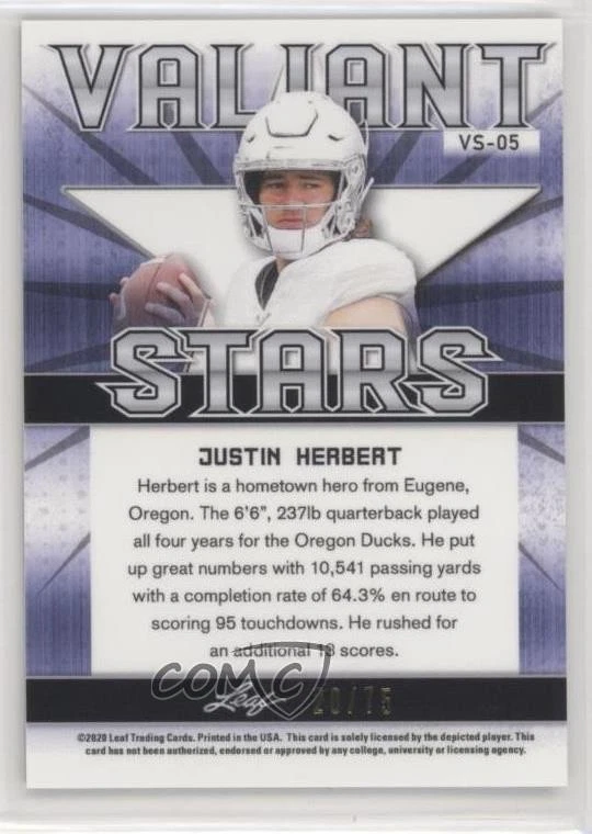 2020 Leaf Best of Sports Valiant Stars Green /75 Justin Herbert #VS-05 Rookie RC - Image 2 of 2