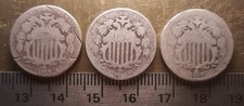V91) Lot of 3 each, 1869 Shield Nickel (5c), AG Details. Scratches.