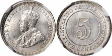 1926 Silver Small Coin 5 Cents Straits Settlement Malaya George V England MS 66
