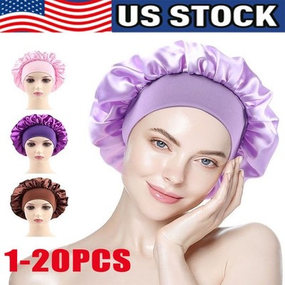 NEW Women Satin Bonnet Night Sleep Cap Hair Hat Silk Head Cover Wide Elastic Lot