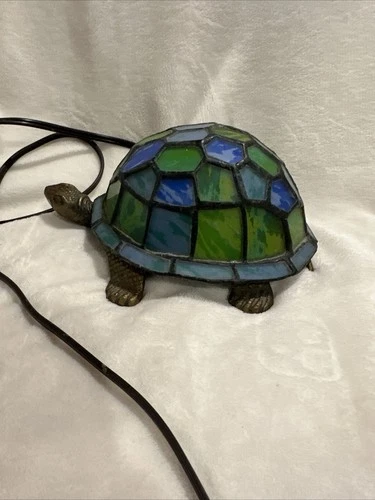 Vintage Tiffany-Style Stained Glass Turtle Accent Lamp Light In Green And Blue