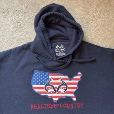 Realtree Country Hoodie XL USA Flag Antler Embroidery Logo Blue Sweatshirt Hunt