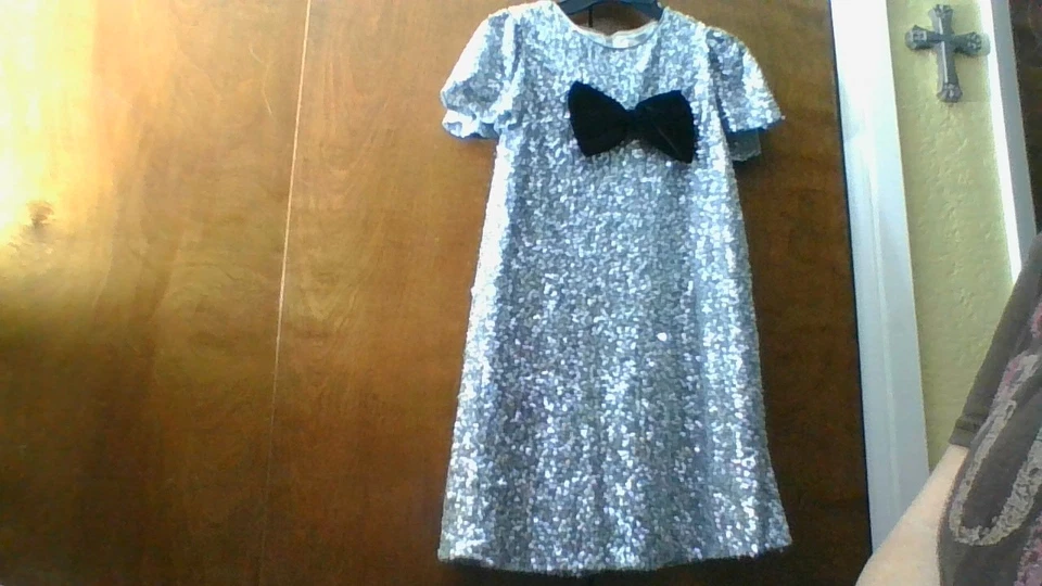 SILVER BLING Biscotti Collezion Sequin Dress Girls Sz 8 Lined Black Bow SSlv - Image 2 of 4