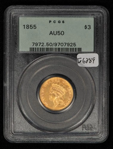 1855 G$3 Indian Princess Head Three Dollar Gold Piece PQ- OGH PCGS AU 50 - G6289