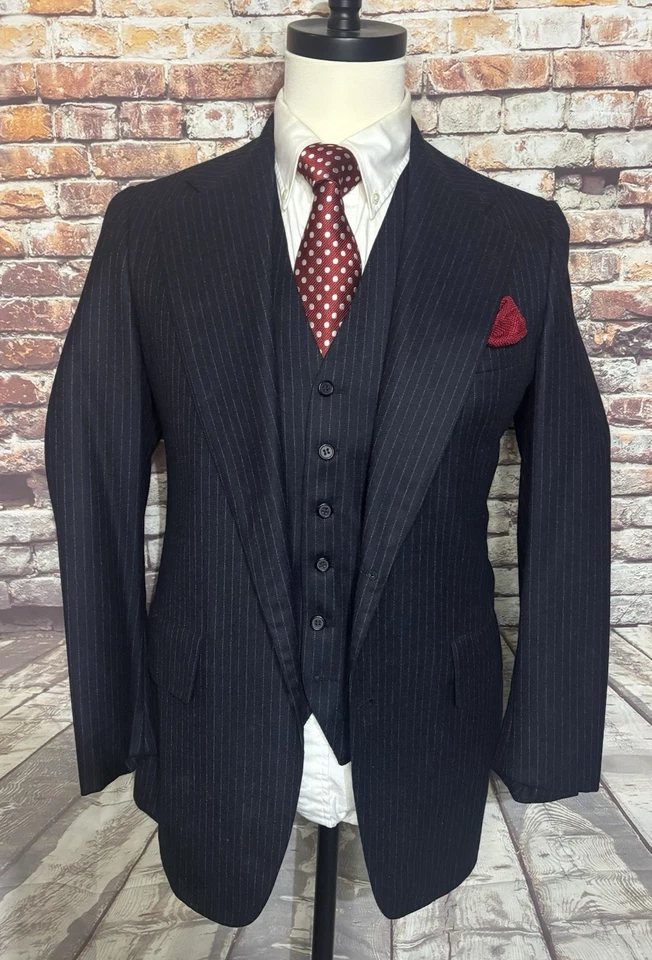 Vintage Southwick 3 Piece Suit Men's Solid Navy Blue Chalk Stripe Size 38 Short - Image 4 of 4