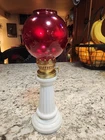 Vintage OIL KEROSENE LAMP Milk Glass Column Base Red Globe Small 8.5"  Japan