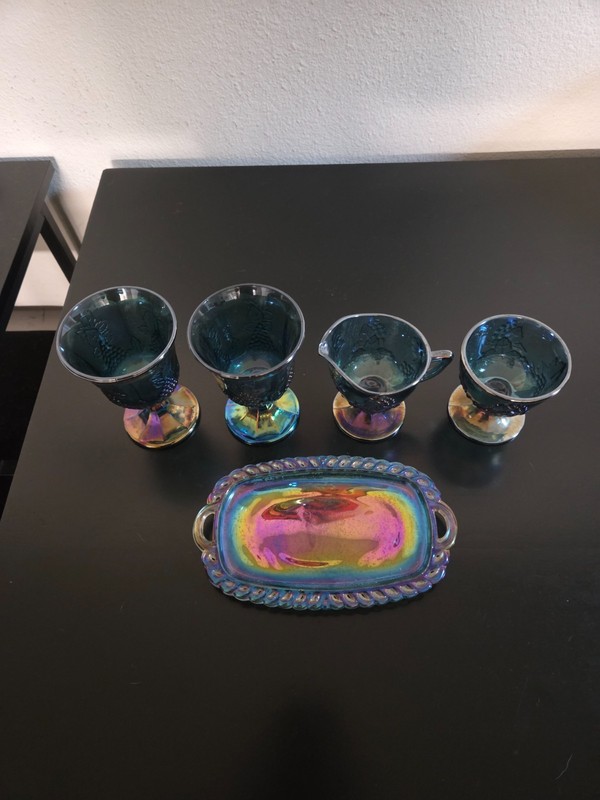 Vintage Carnival Glass Serving Set * Tray, Goblets, Creamer Iridescent Lot