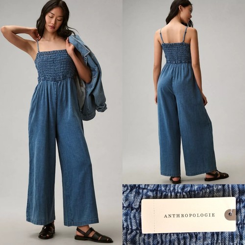Anthropologie Pilcro Smocked Jumpsuit Wide Leg Denim Blue Size Medium NWT $130