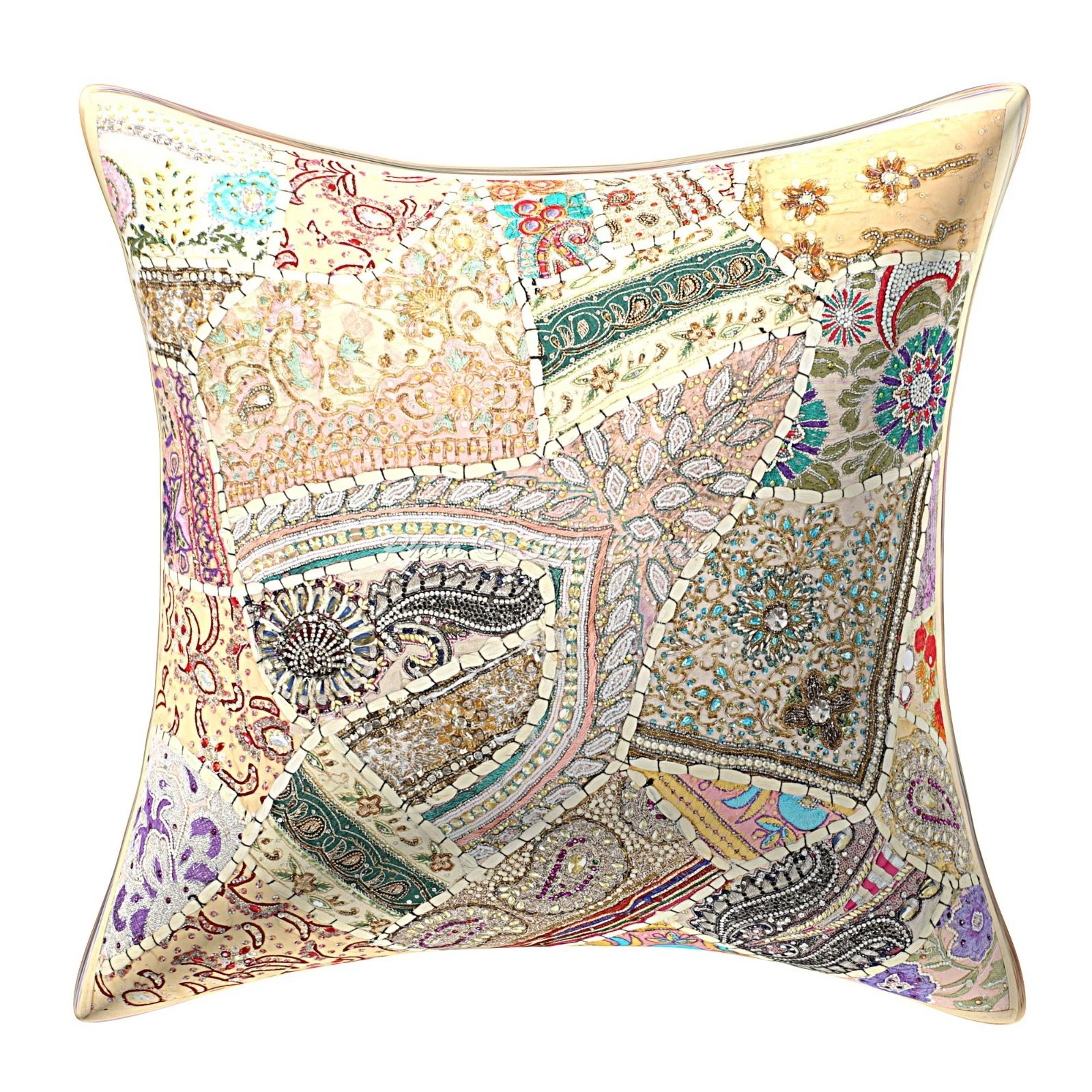 Ethnic Throw Pillow Cover Beaded Patchwork Cotton 60x60 cm Vintage Cushion Cover