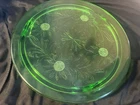 Jeanette Glass Sunflower 10" Round 3 Footed Green Uranium Cake Pie Plate USA