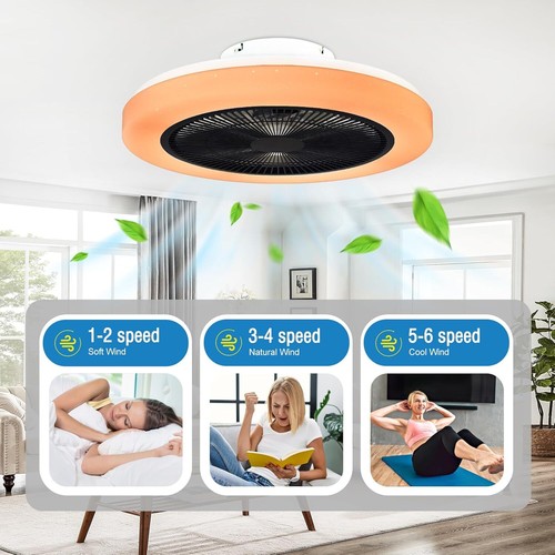 RGB Enclosed LED Flush Mount Ceiling Fans,Low Profile Dimmable Light Ceiling Fan