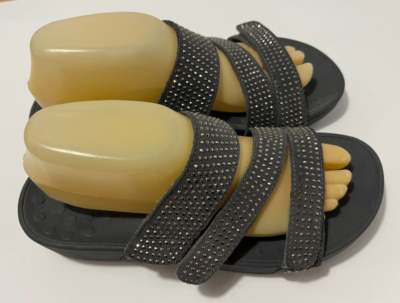 Vionic Alexis Gray Sueded Rhinestone Sandals sz W Adjustable Cushion Wedge