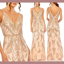 NWT $598 Mac Duggal [ 4 ] 6015 V Neck Sequin Embellished Gown Apricot #J1215