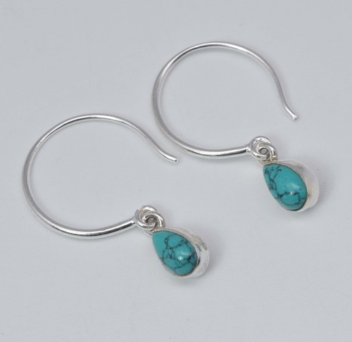 925 Solid Sterling Silver Blue Turquoise Hoop Earring-1.2 Inch I139 - Picture 2 of 4