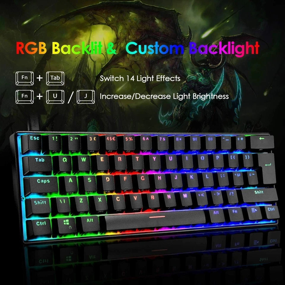 60%Mechanical USB C Wired Gaming Keyboard & 6400DPI LED RGB Backlit Blue Switch - Image 2 of 4