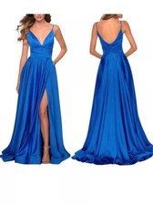 La Femme Royal Blue Sleeveless V-Neck High Leg Slit A-Line Gown Size 6 408 Prom