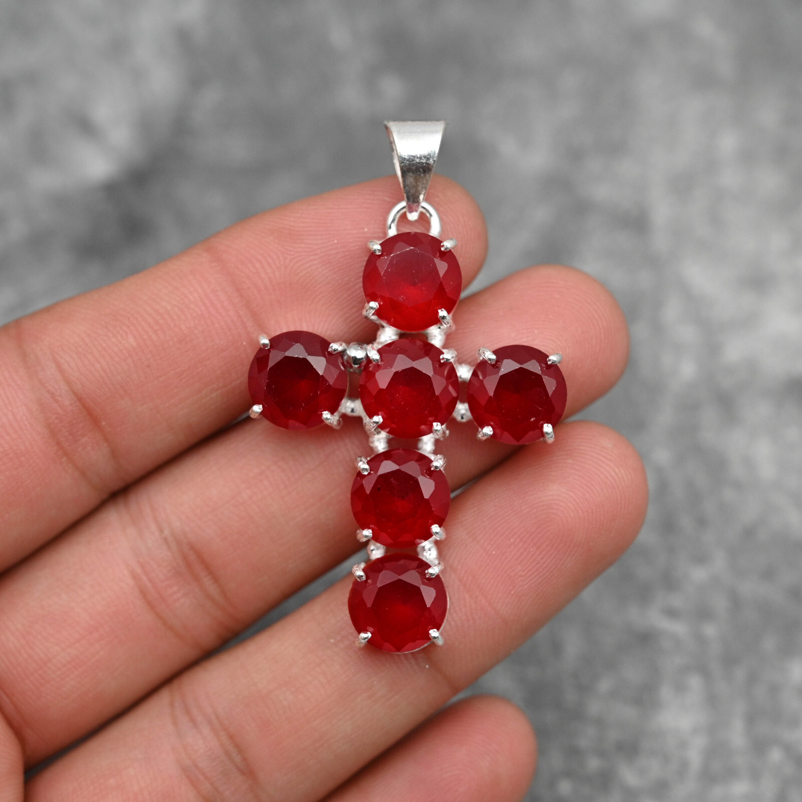 Natural Red Garnet Gemstone Cross Pendant in 925 Sterling Silver Handmade Jewelry