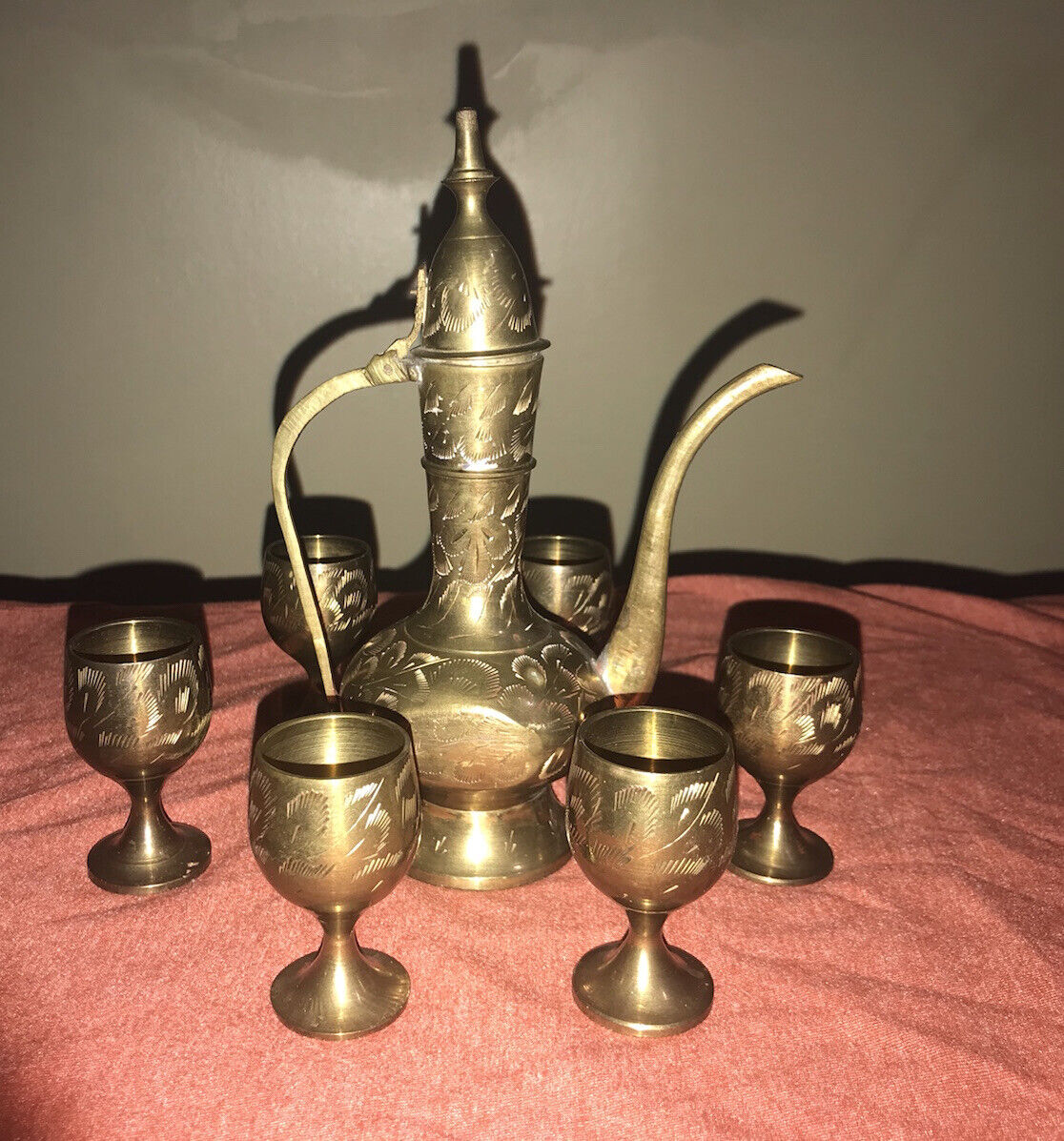 7 Piece Set Brass Teapot, Goblets & Teapot & Cups Brass Etched Incense Tea