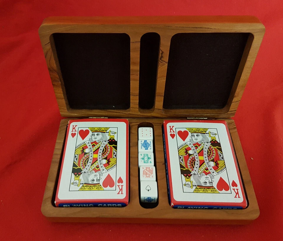 Vintage Inlaid Wooden Playing Cards & Dice Box. Signed. With Cards & Dice - Image 2 of 4