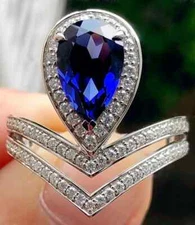 Split Double Band Curved Design With Sapphire & Cubic Zirconia Bridal Ring Set
