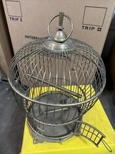 VINTAGE solid BRASS BIRD CAGE 21" BY 12 HANG OR STAND ALONE WITH FEEDERS