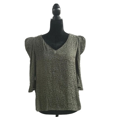 NEW Small Top Blouse Olive Green Leopard Dot Pull Shoulder V Neck Work a new day