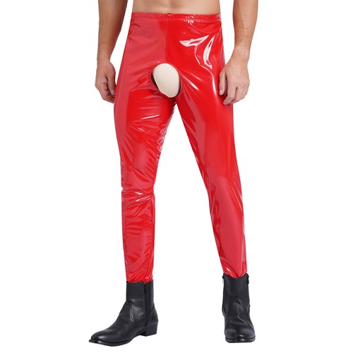 Men's Leather Skinny Pants Zipper Crotch Leggings Tight Motorcycle Biker Pants - Picture 28 of 60
