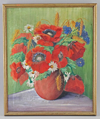 99860286 Oil Painting Field Flowers Still Life Signed Fesser Um 1920/40 17